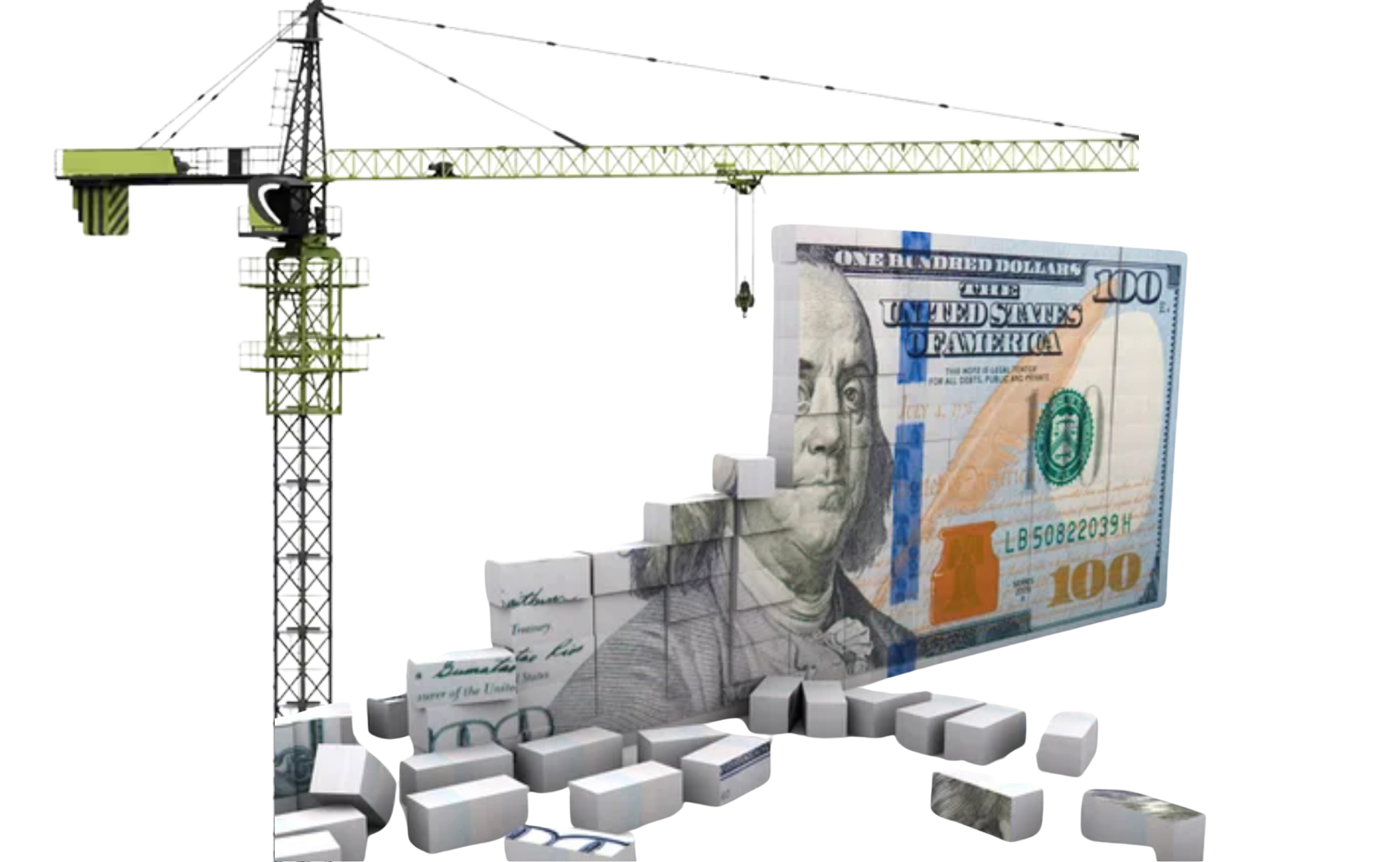 Crane building a $100 bill brick by brick